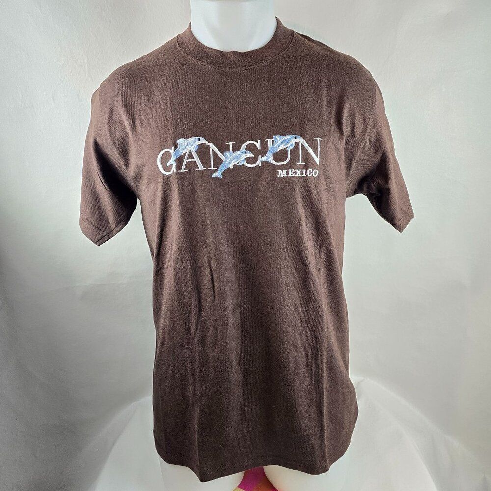 Cancun Mexico T Shirt Mens Medium Brown Caribbean Side Embroidered Dolphins
